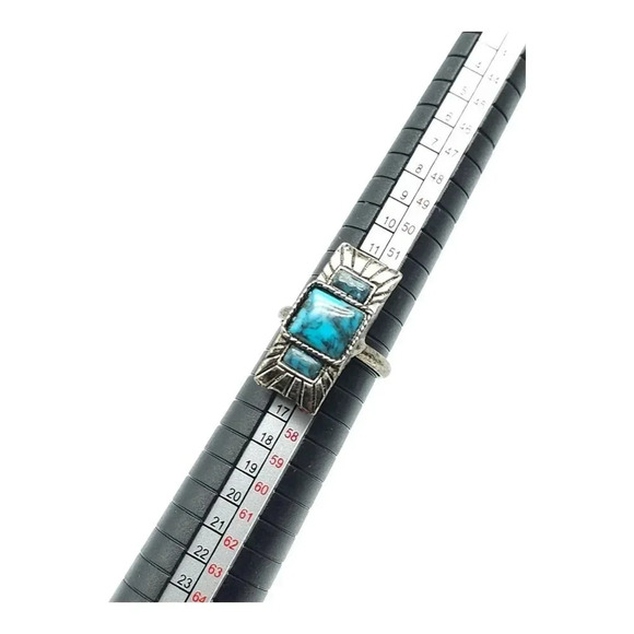 Southwest Blue Three Rectangular Faux Turquoise Ring Silver Tone Size 7 Vintage - Picture 2 of 4